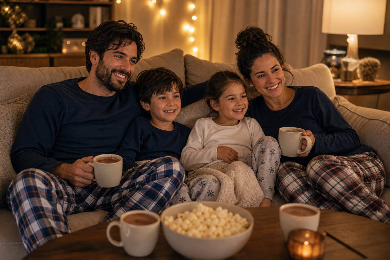 The Best Family Movies for Every Age and Every Mood 20 A family in matching cozy pajamas settled in for a movie night, popcorn and hot chocolate visible, warm and intimate lighting