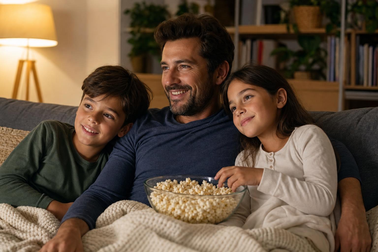 The Best Family Movies for Every Age and Every Mood 17 A group of school-age children and a parent watching a movie together in a cozy home theater setting, warm and engaged