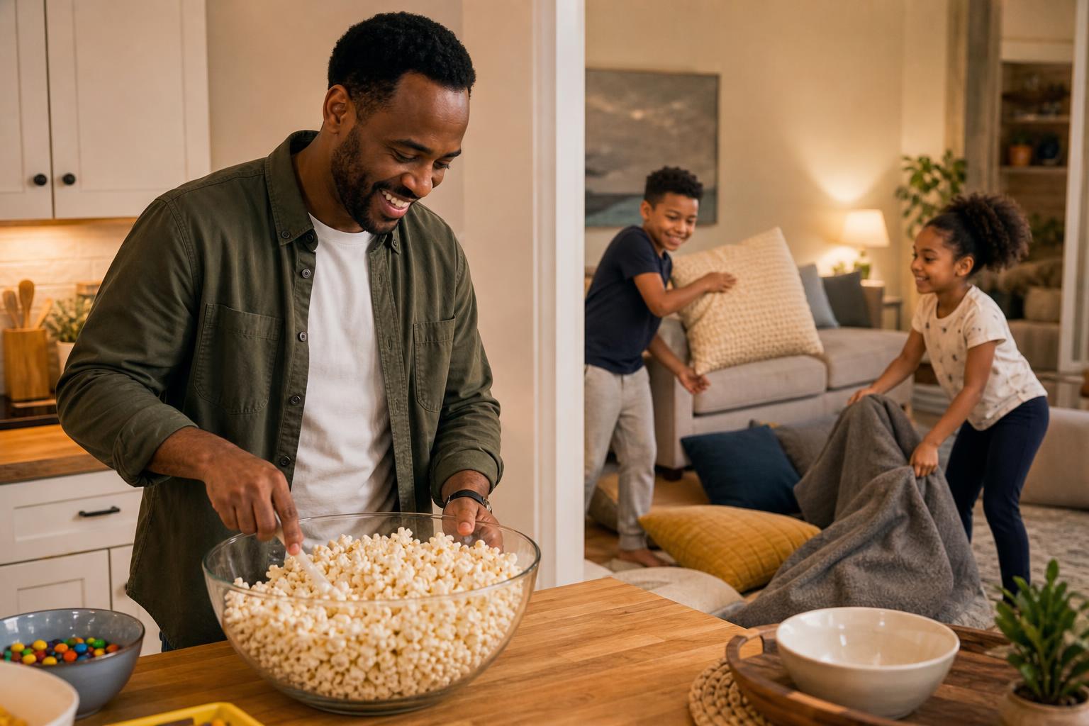 The Best Family Movies for Every Age and Every Mood 21 A parent popping popcorn in a bright kitchen while children excitedly set up the living room for movie night, cheerful and warm