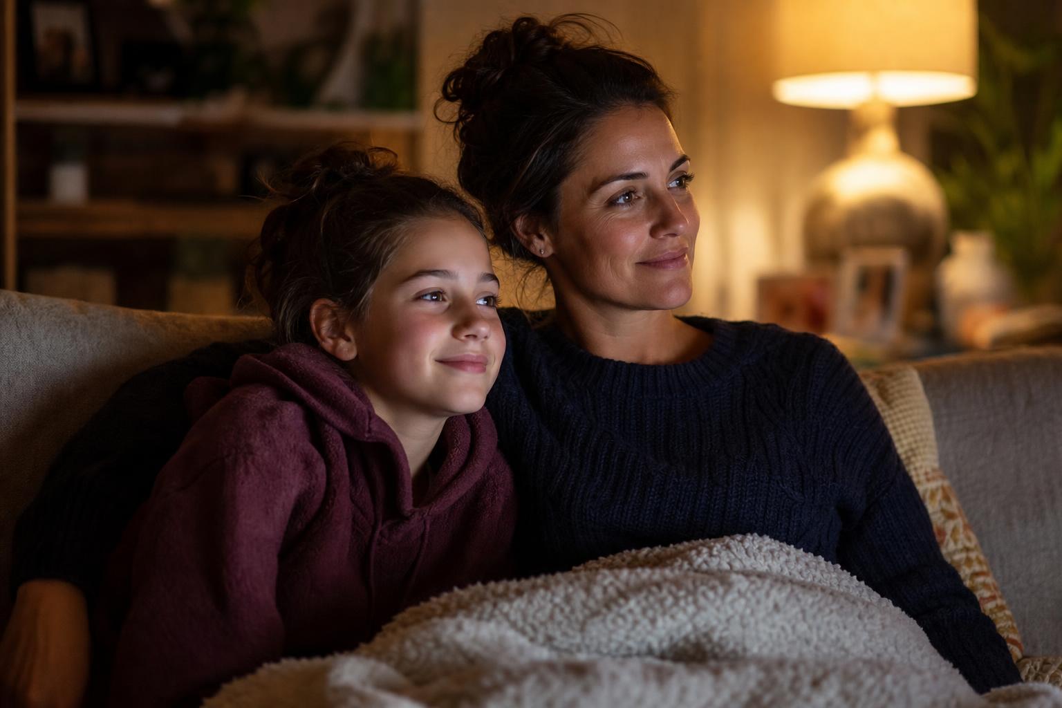 The Best Family Movies for Every Age and Every Mood 18 A tween and parent sitting together watching a movie on a cozy couch, relaxed and engaged, soft warm lighting