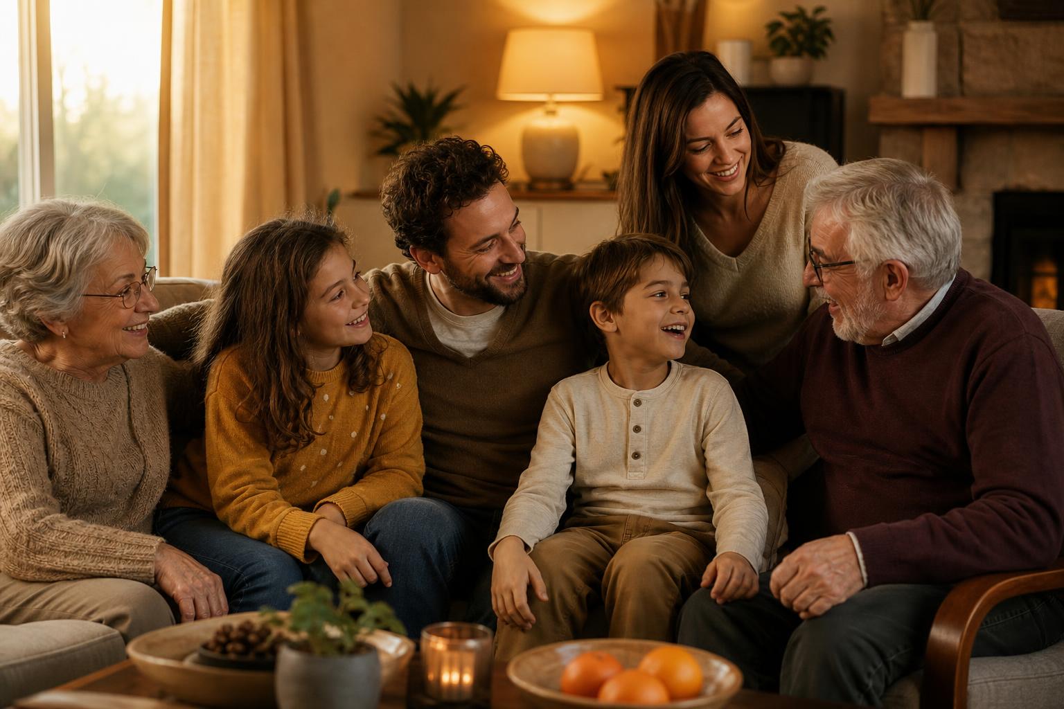 The Best Family Movies for Every Age and Every Mood 19 A multigenerational family — grandparents, parents, and children — watching a movie together in a warm living room, everyone smiling and engaged