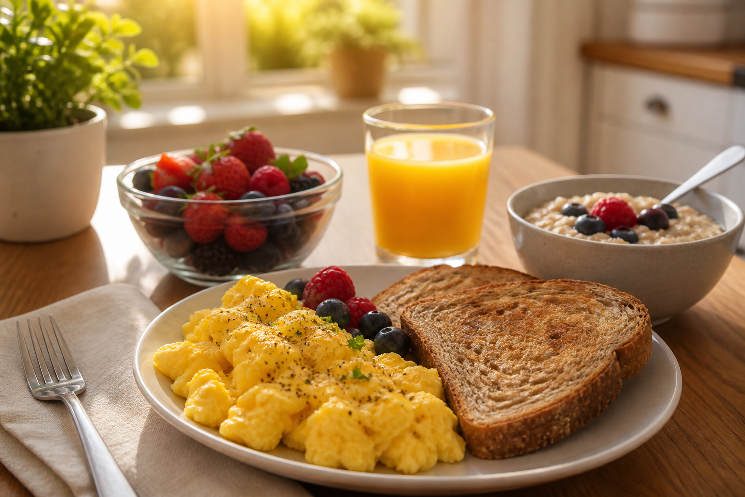 Breakfast Done Right 17 best breakfast foods for kids - healthy morning breakfast spread with eggs fruit and toast