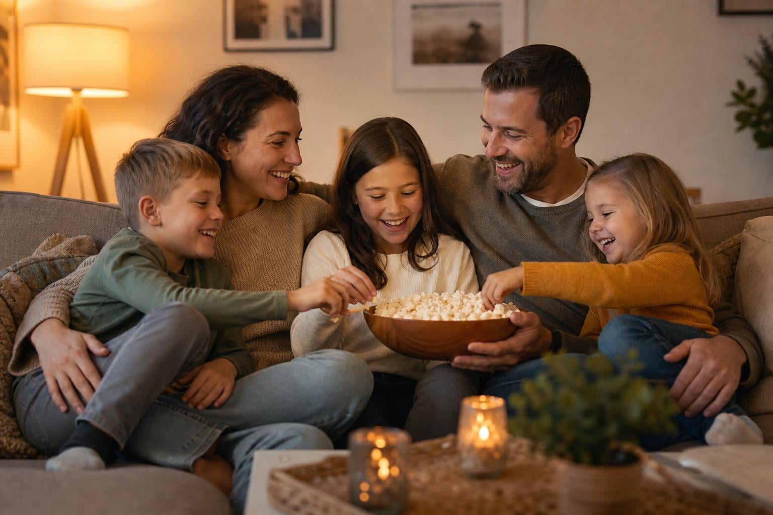Best Kids Movies: Timeless Classics and Modern Favorites the Whole Family Will Love 19 A family gathered around a living room television together — parents and children of different ages — sharing popcorn, warm cozy home lighting