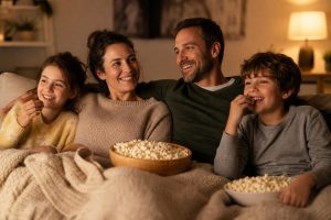 A family snuggled together on a couch watching the best kids movies at home, warm lamplight, popcorn, cozy blankets