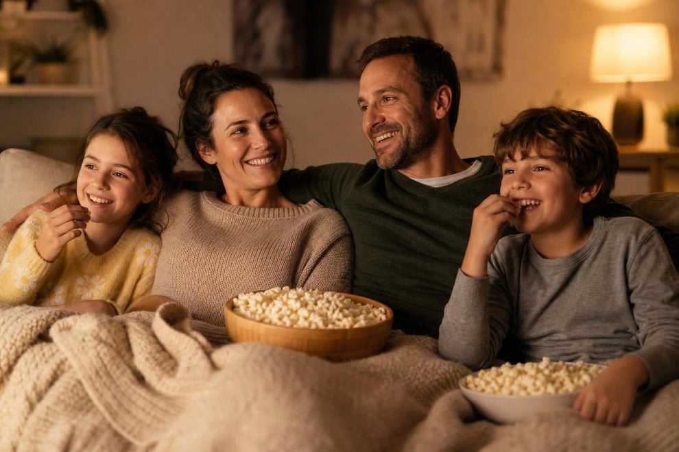 Best Kids Movies: Timeless Classics and Modern Favorites the Whole Family Will Love 15 A family snuggled together on a couch watching the best kids movies at home, warm lamplight, popcorn, cozy blankets