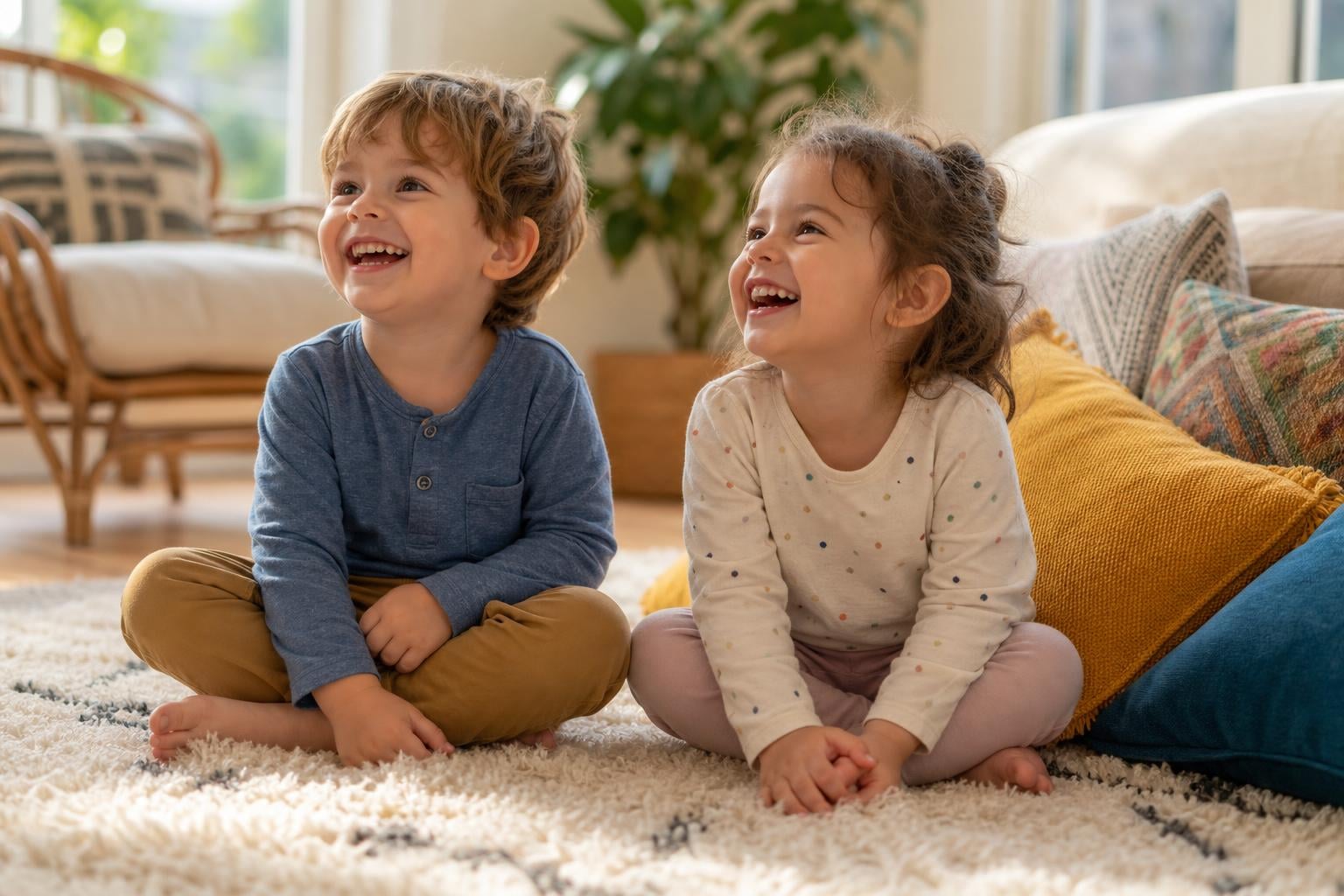 Best Kids Movies: Timeless Classics and Modern Favorites the Whole Family Will Love 16 Two young children sitting on a rug in a sunlit living room watching a colorful animated film, giggling together, no screens showing copyrighted content