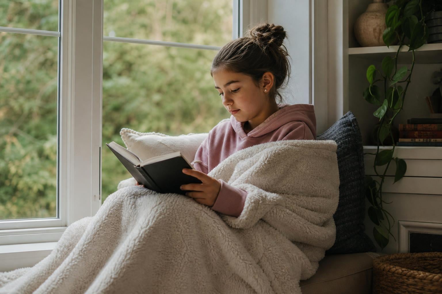 Best Kids Movies: Timeless Classics and Modern Favorites the Whole Family Will Love 18 A tween-age child watching a movie on a tablet at home, wrapped in a blanket on a window seat, natural light, relaxed and absorbed