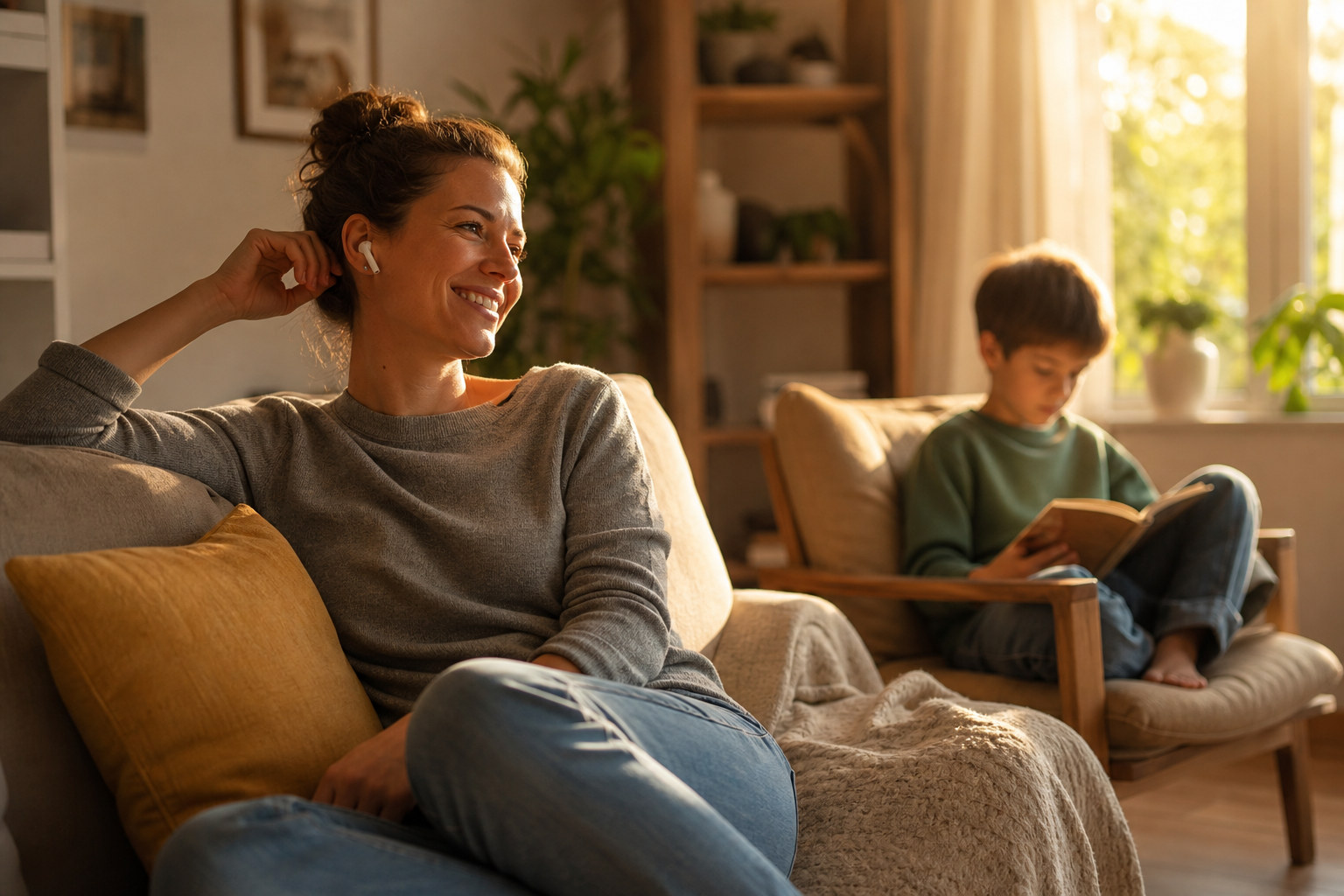 Best Parenting Podcasts 17 parenting podcasts parent listening at home while child reads nearby