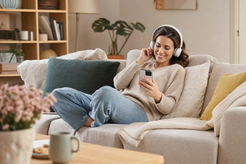 Best Parenting Podcasts 15 best parenting podcasts mom listening with headphones relaxing at home