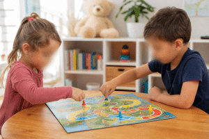 best preschool games — young children playing colorful board game at a table