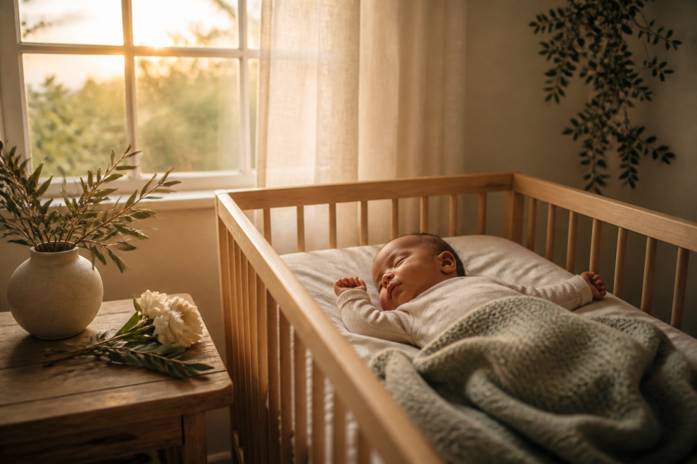 Biblical Names: 50+ Timeless Picks with Real Meanings 15 Biblical names: a warm, sunlit nursery with an olive branch and soft white flowers