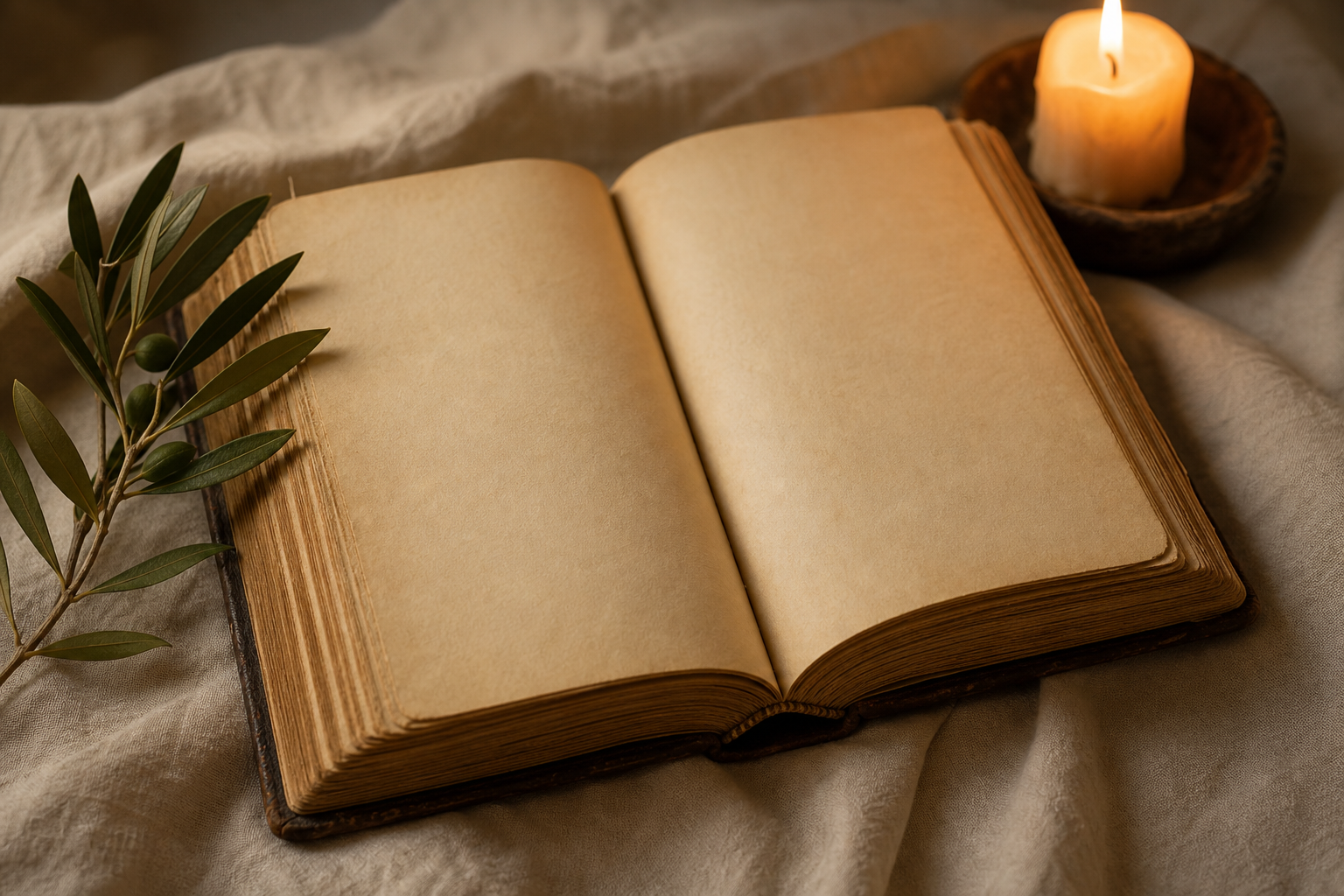 Biblical Names: 50+ Timeless Picks with Real Meanings 16 An open book and an olive sprig by candlelight — a calm setting for choosing a biblical name
