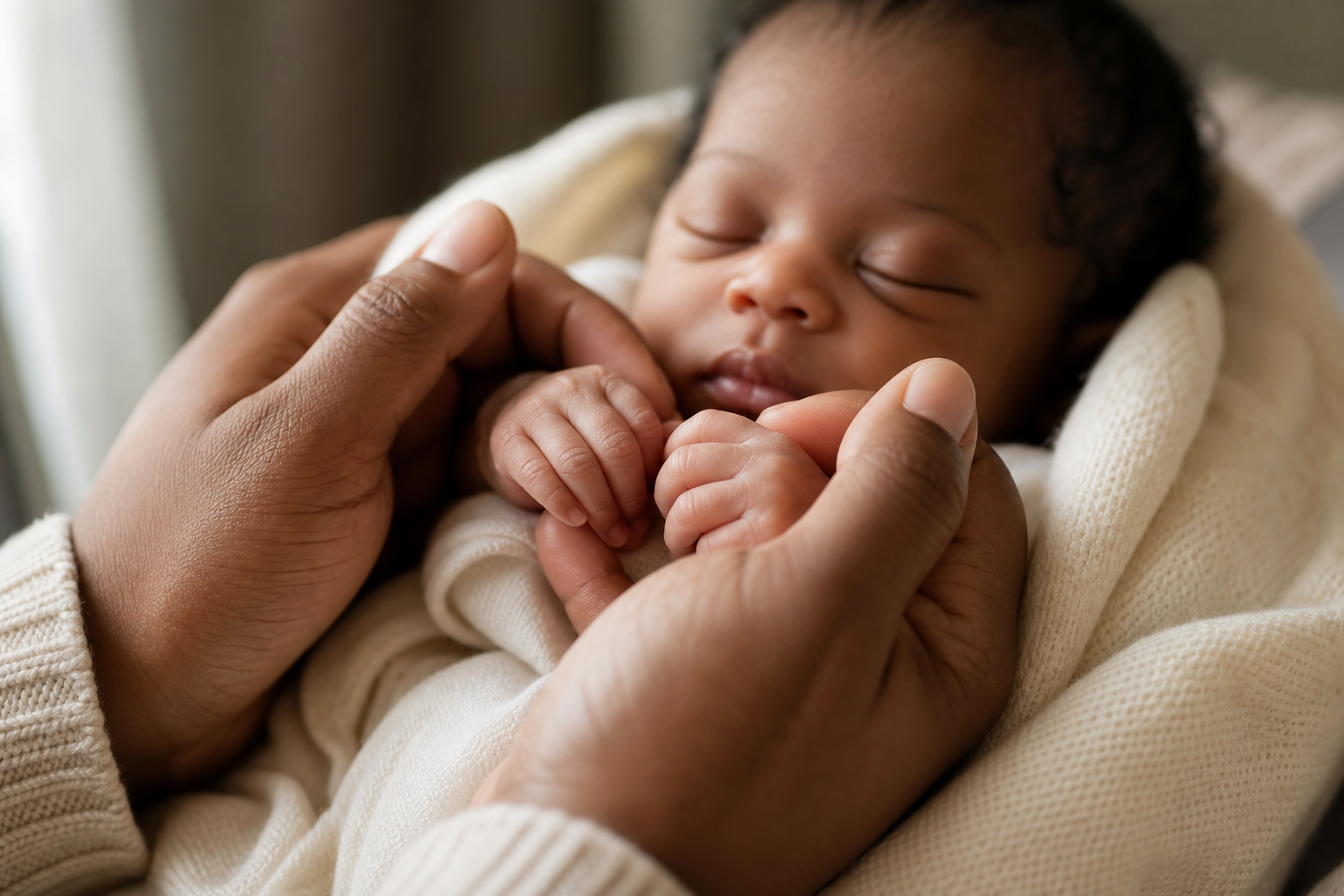 Biblical Names: 50+ Timeless Picks with Real Meanings 17 A parent gently cradling a newborn's hands in a soft cream blanket