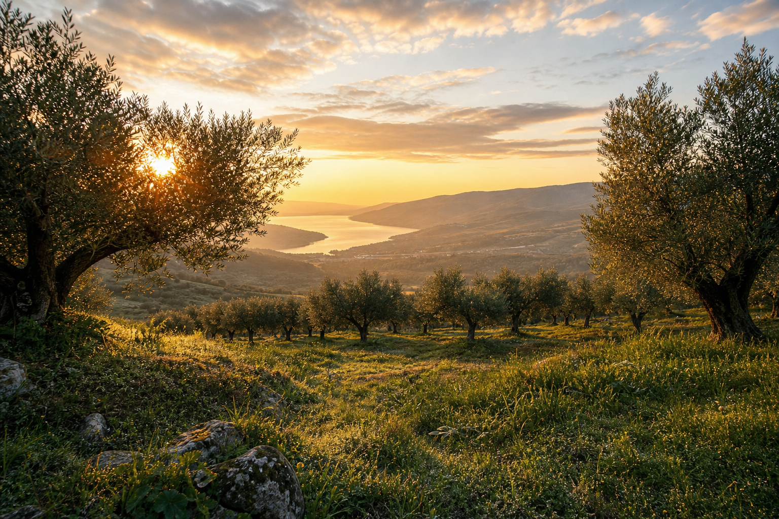 Biblical Names: 50+ Timeless Picks with Real Meanings 18 An olive grove and river at golden sunrise, evoking the timeless roots of biblical names