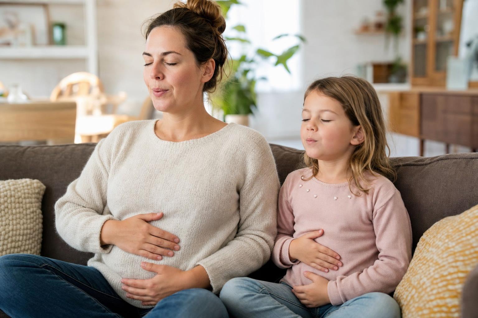 How to Help Kids Manage Big Emotions Without Losing Your Calm 17 A parent and child sitting together practicing deep breathing calmly on a couch during a quiet moment, warm and connected, soft light