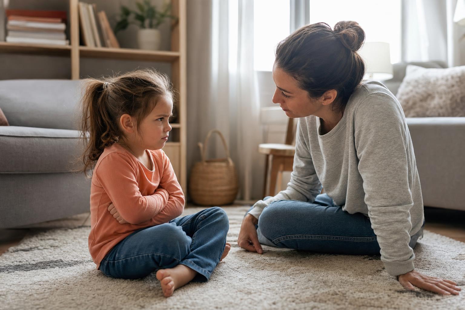 How to Help Kids Manage Big Emotions Without Losing Your Calm 16 A young child sitting on the floor mid-tantrum while a patient parent sits nearby at their level staying calm and present, warm natural light