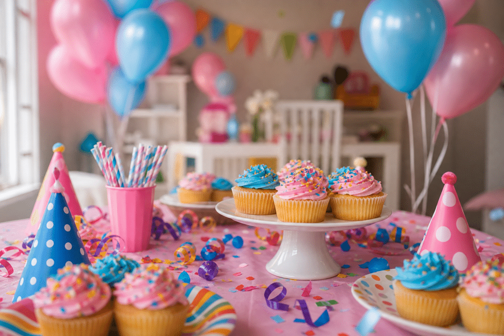 kids birthday party planning ideas featuring colorful decorations and cupcakes