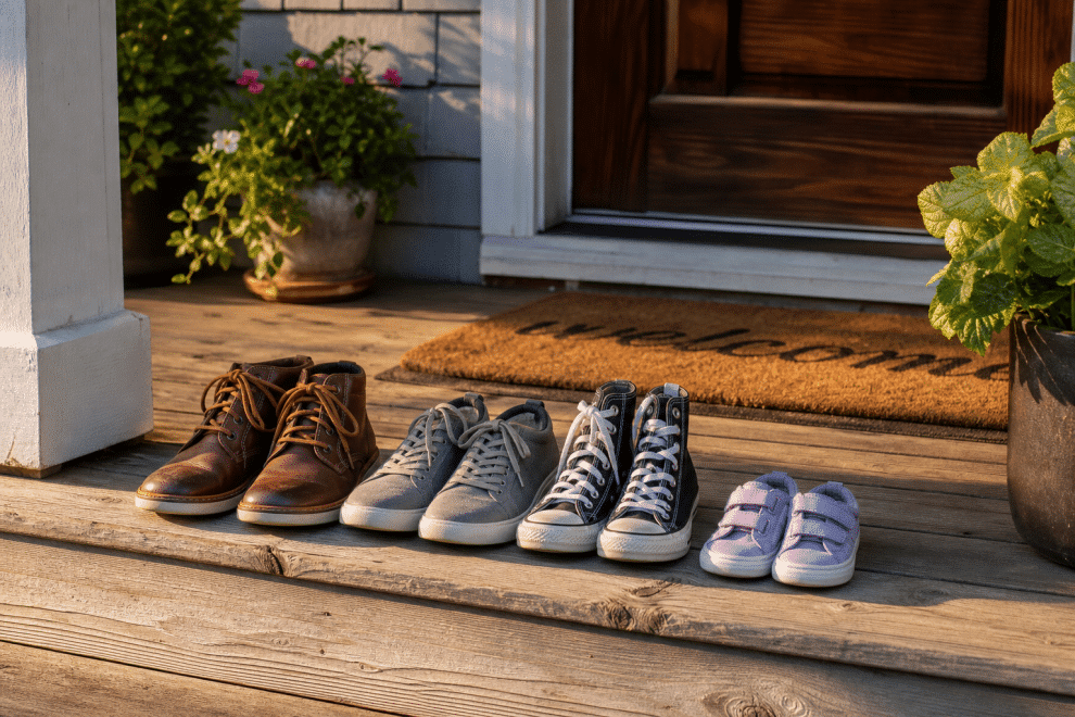 blending families - multiple pairs of shoes on a porch representing a blended stepfamily