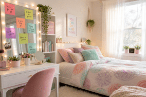 teen body image and self-esteem positive affirmations on bedroom mirror empowering