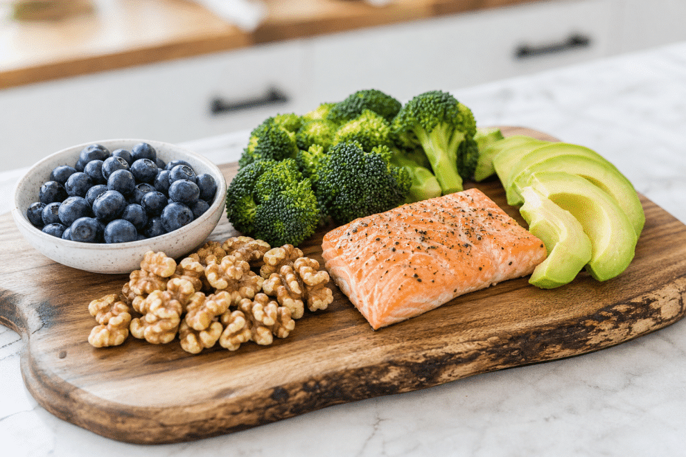 brain food for kids - colorful array of healthy foods including blueberries walnuts and broccoli