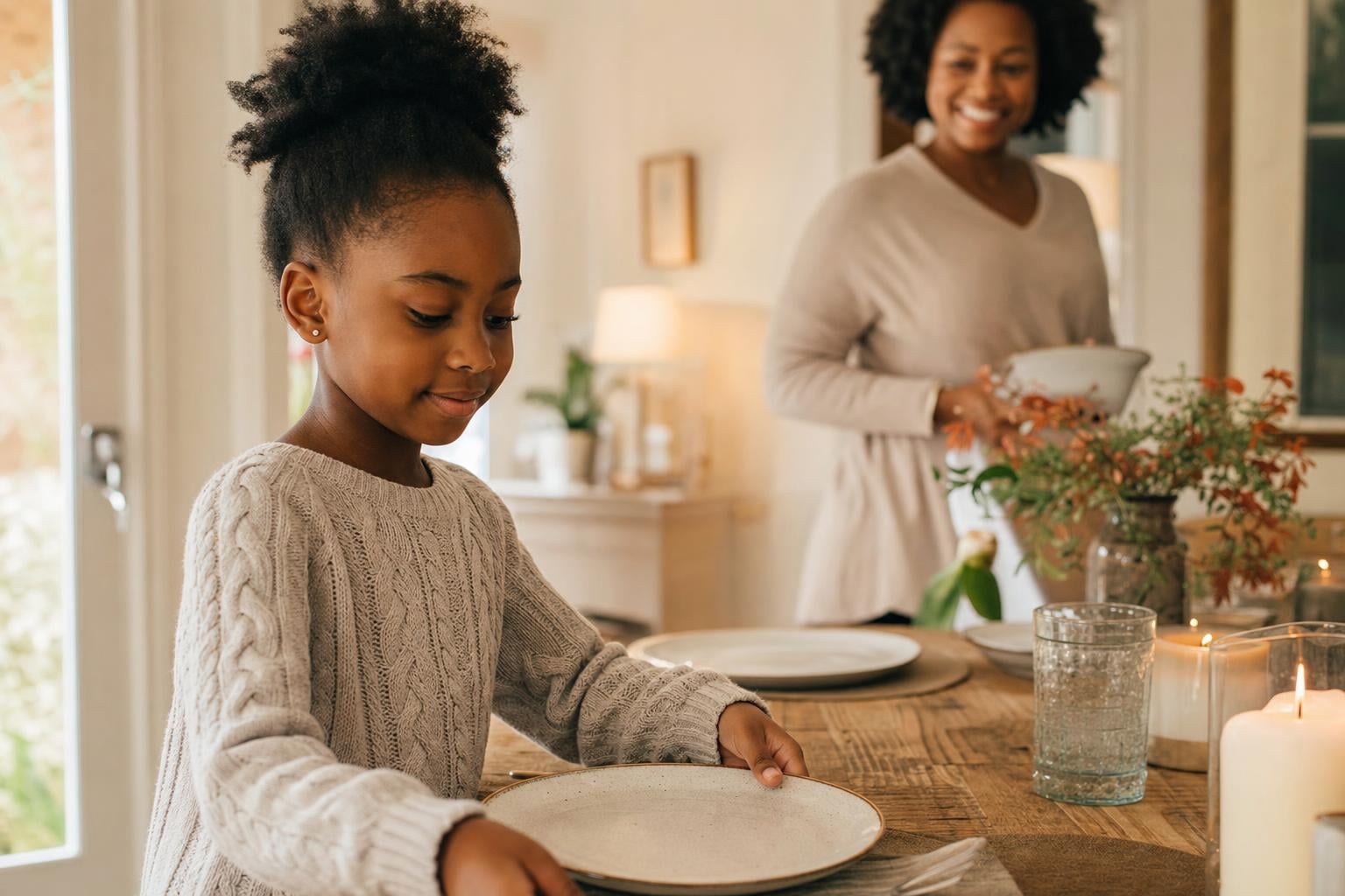 How to Build Confidence in a Child: 9 Gentle Habits That Help Them Thrive 17 A child happily helping set the dinner table at home while a parent smiles warmly in the background, cozy natural light