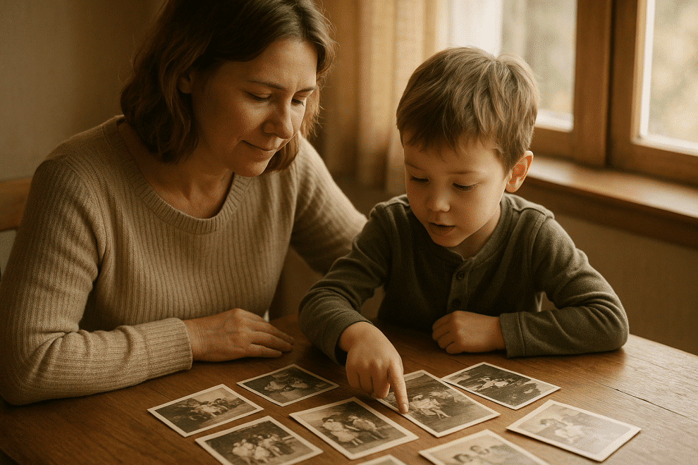 building a family tree — parent and child looking at old family photos together