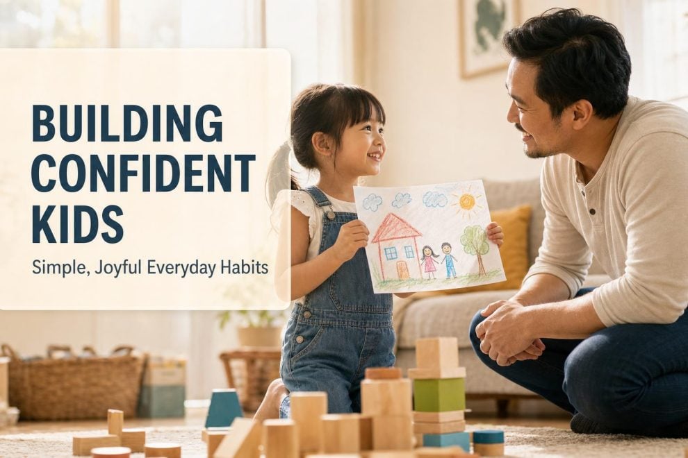 Building Confidence in Children: Simple, Joyful Habits That Help Kids Believe in Themselves 15 A parent crouching to a young child's eye level in a bright living room, smiling warmly as the child proudly shows a drawing, illustrating building confidence in children through everyday encouragement