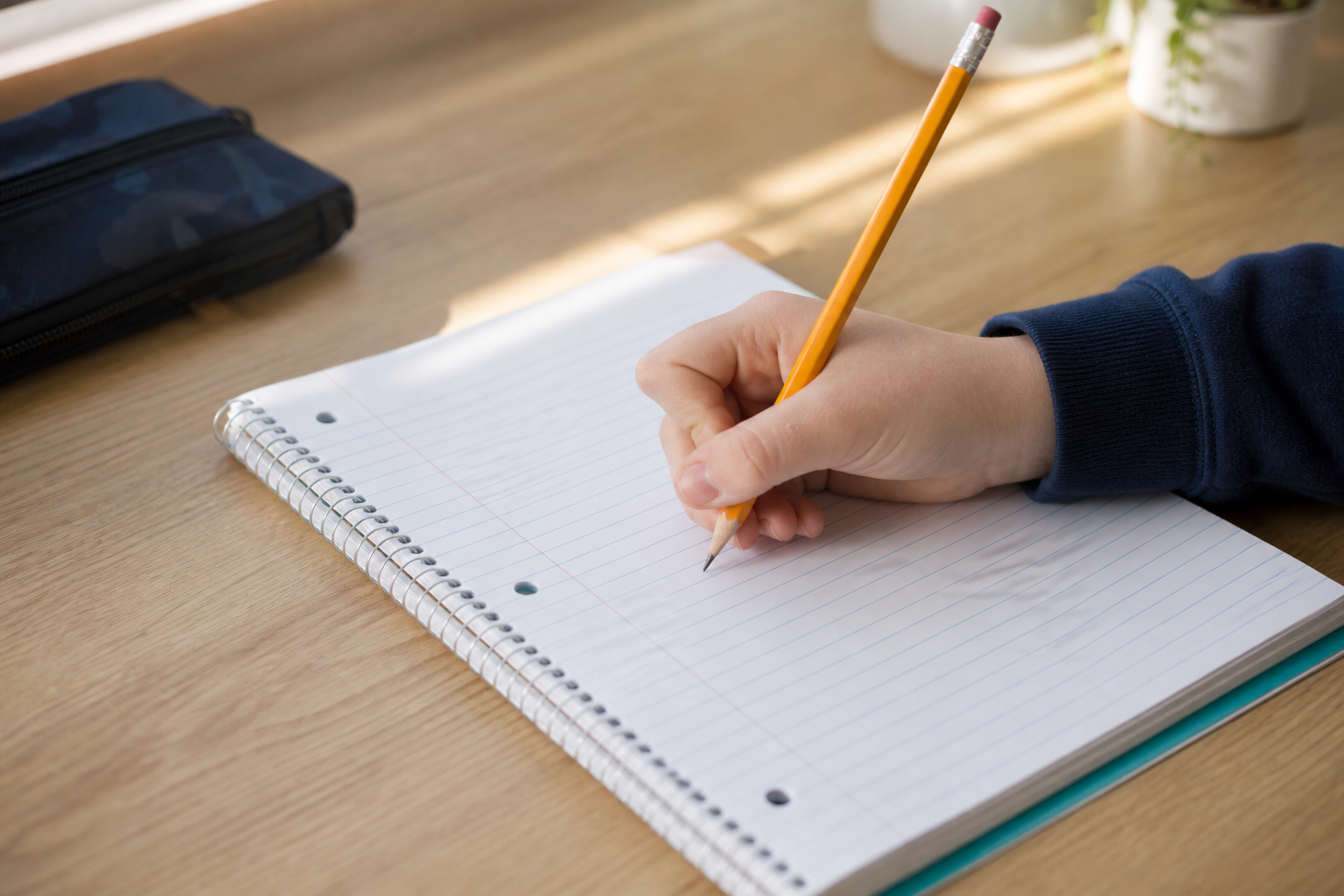 Writing Conventions for Homeschoolers: Capitalization 16 writing conventions for kids - child practicing writing on lined paper