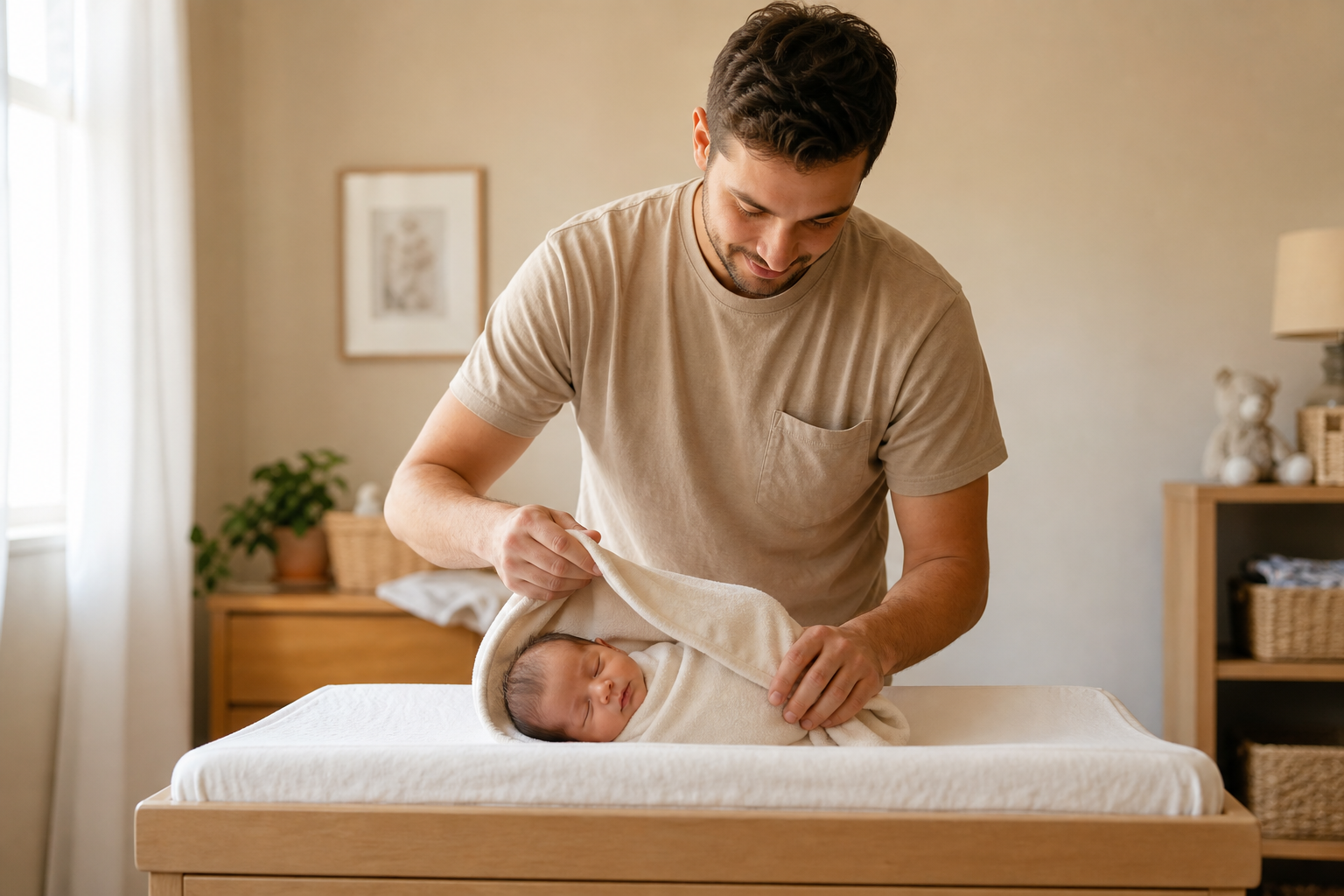 A parent wrapping a newborn in a blanket while practicing newborn care basics