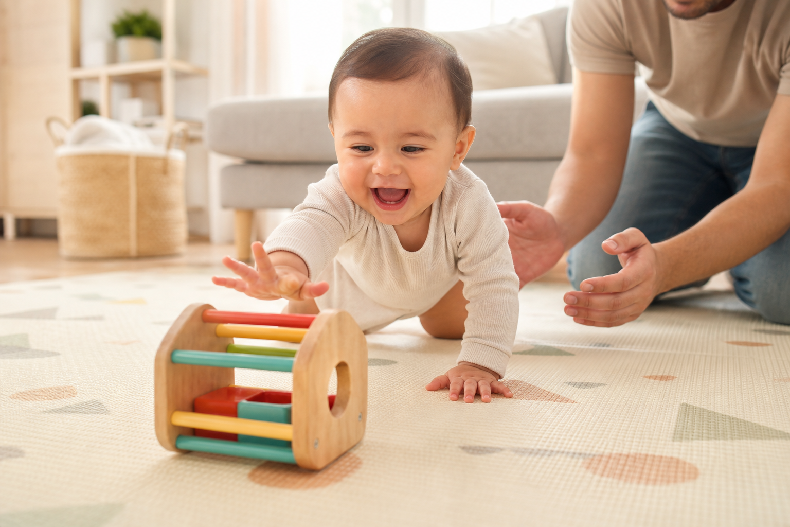 Baby reaching for a toy on a play mat with a parent nearby \u2014 baby development and milestones.