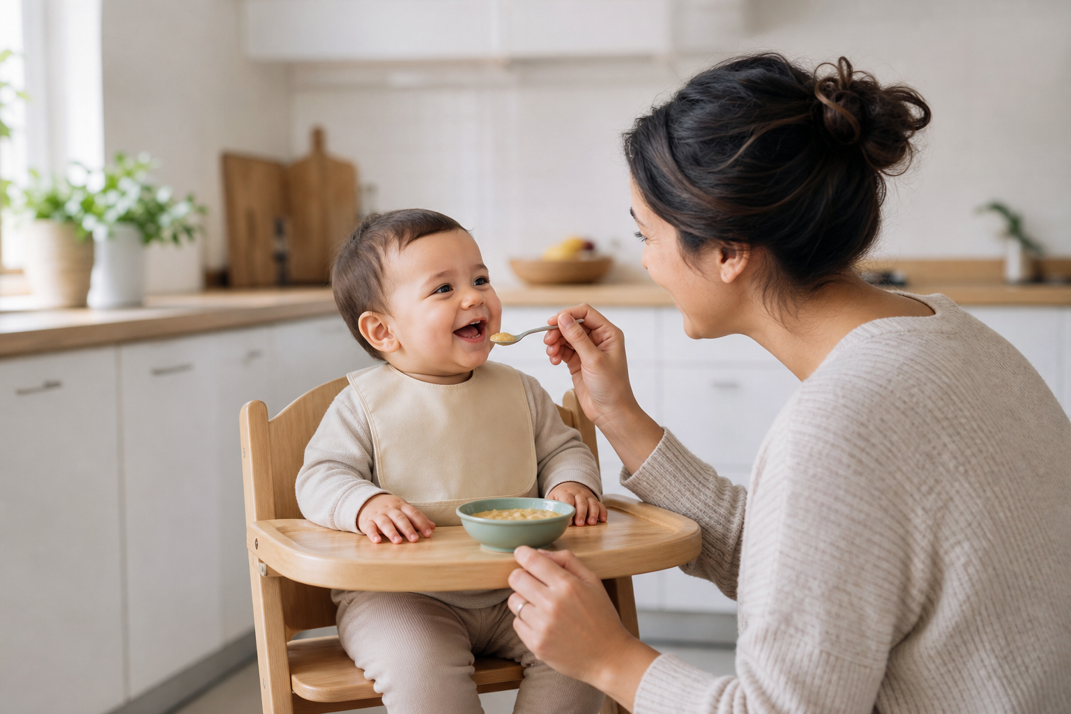 Parent feeding a baby soft food in a high chair \u2014 baby feeding and starting solids.