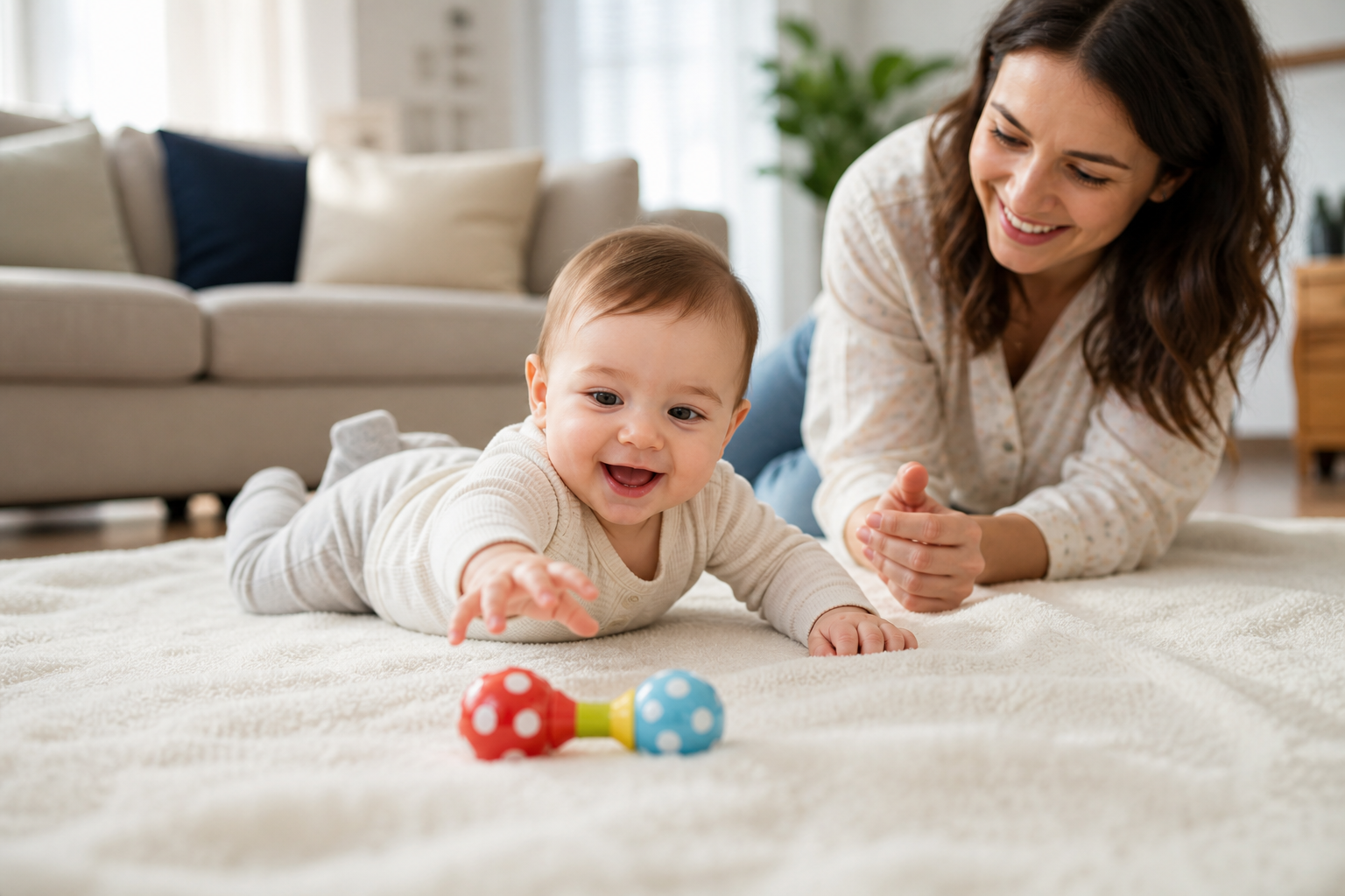 A baby playing on a blanket with a parent nearby for baby play and activities