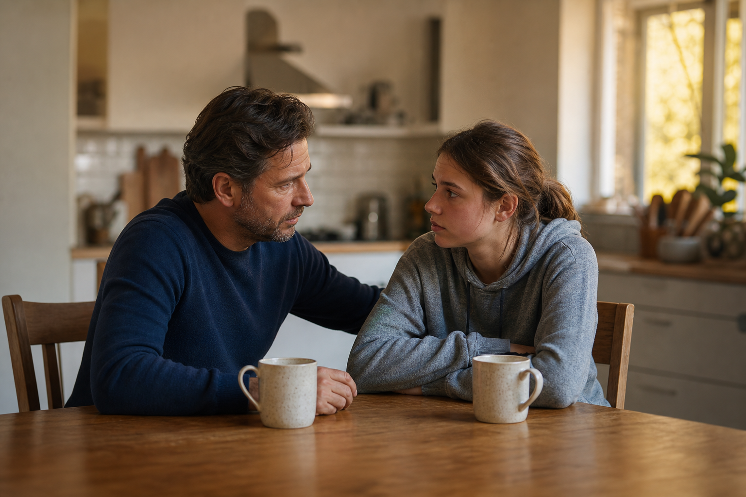 Parent and teen having a calm conversation about addiction support