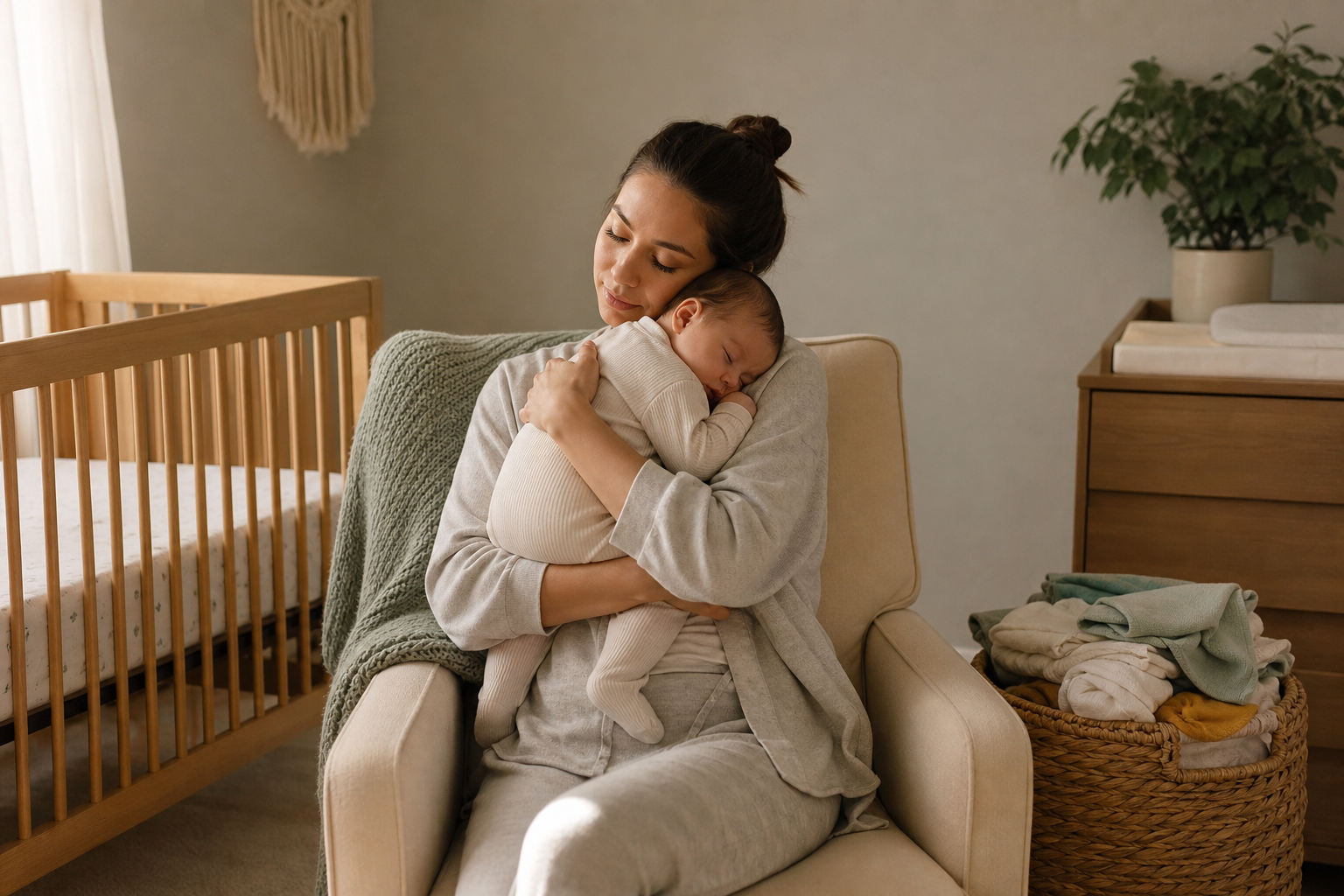 Attachment parenting moment with a parent comforting a sleepy baby