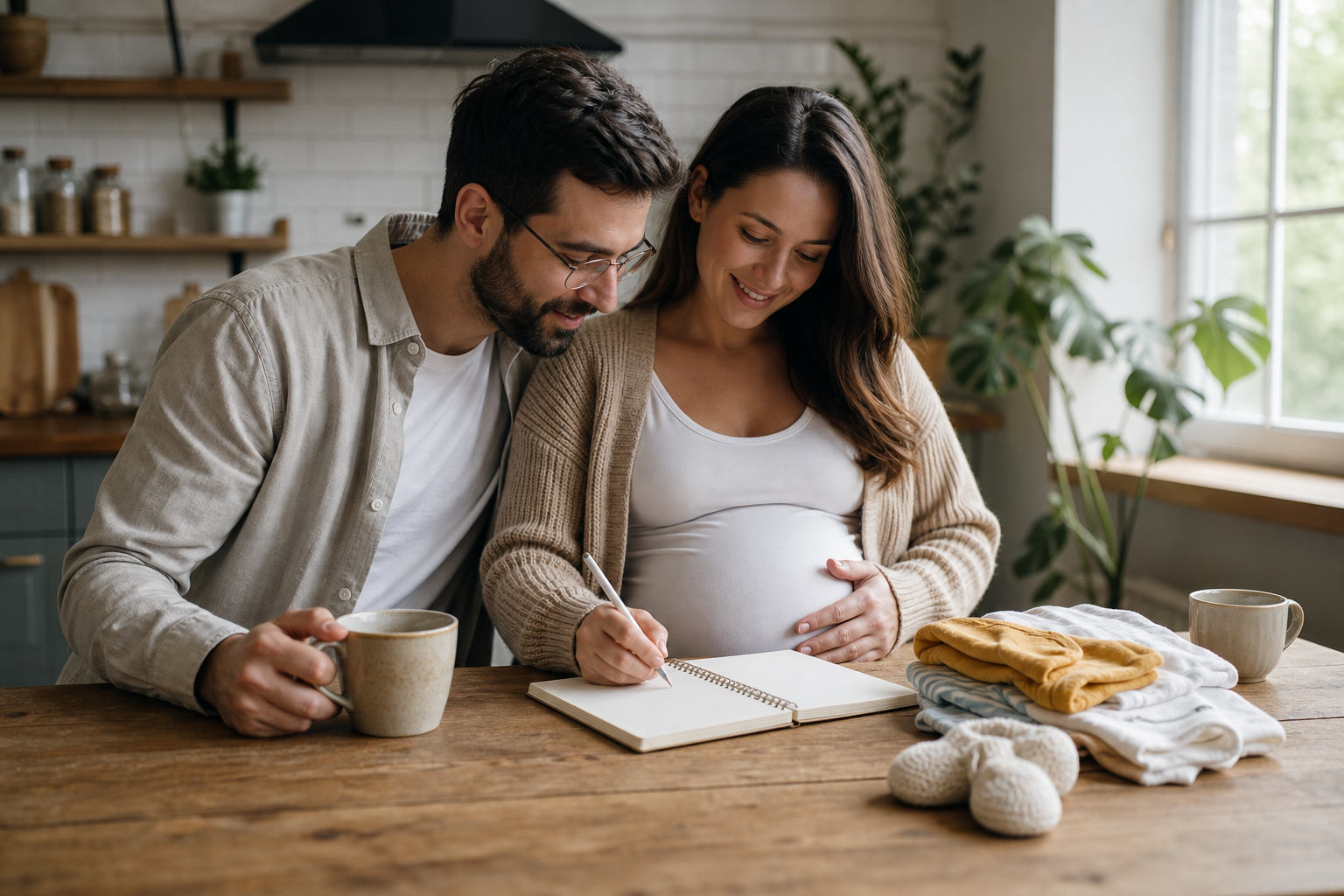 Parents writing baby names in a notebook at the kitchen table