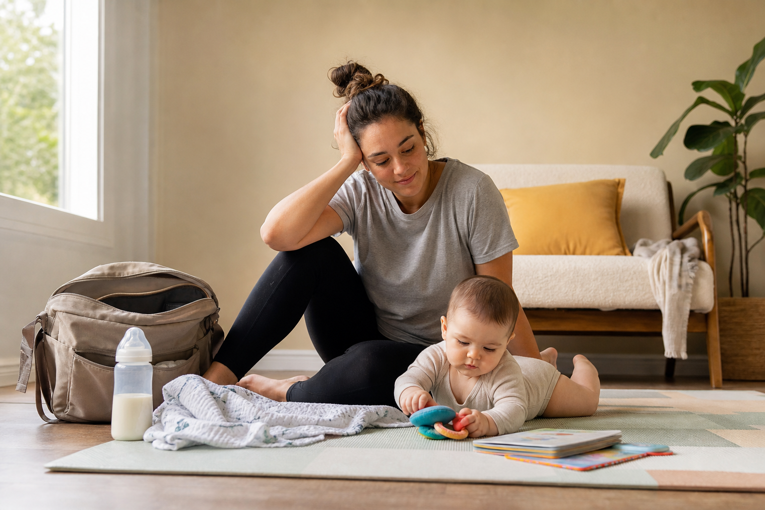 Parent caring for a baby during a quiet first-year routine