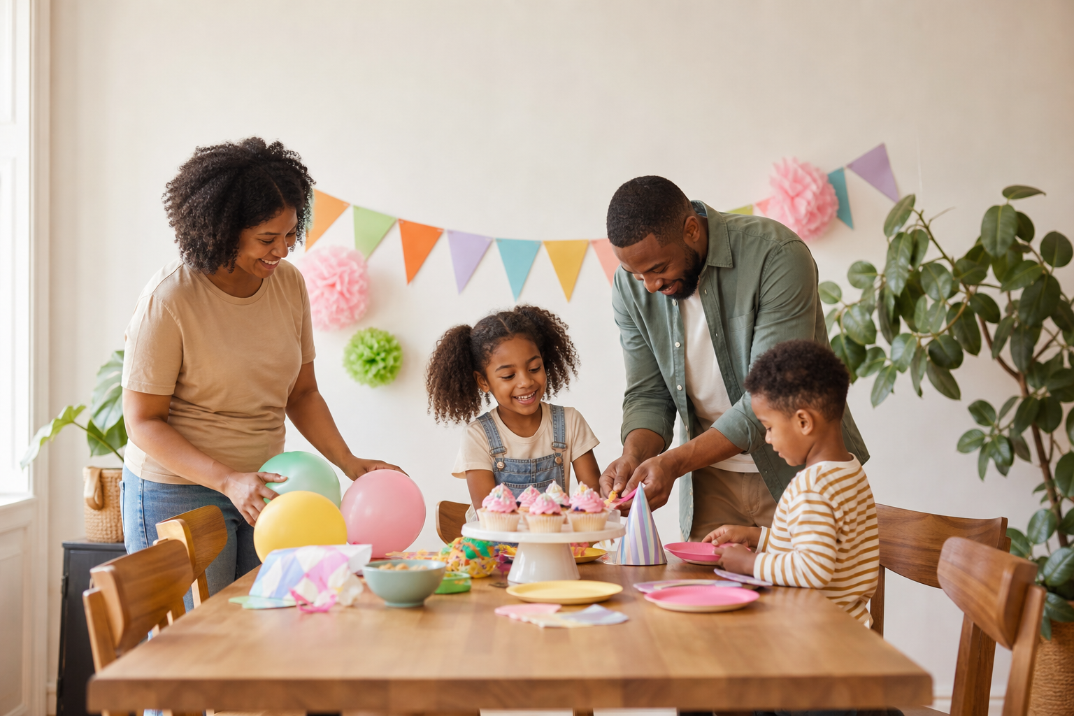 Family setting up a kids birthday party at home