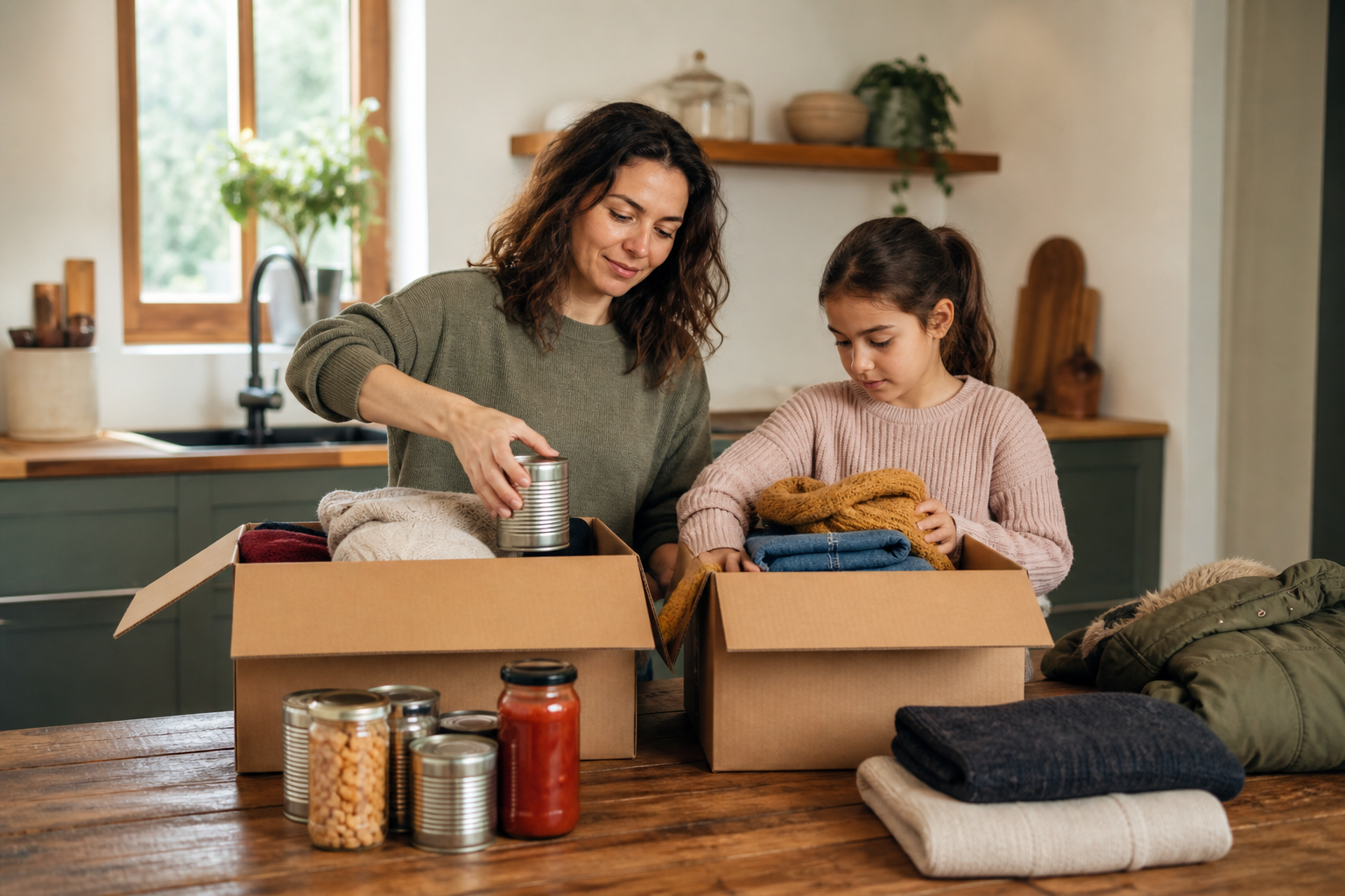 Parent and child preparing charity donation boxes together