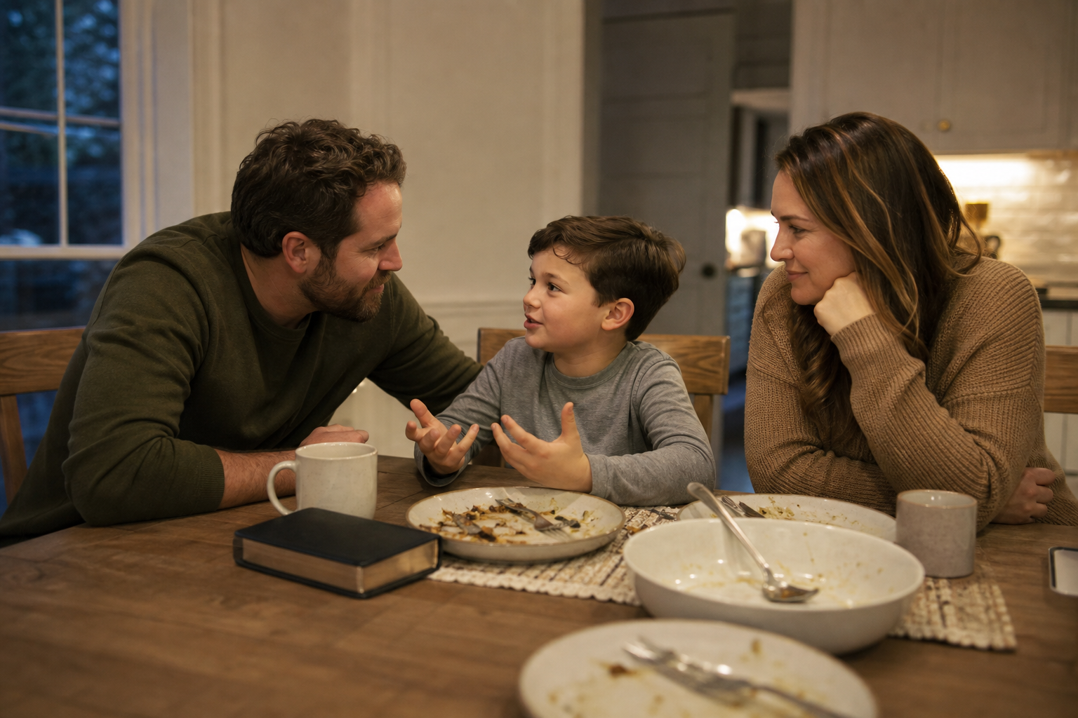 Christian parenting conversation around faith and family life at the table