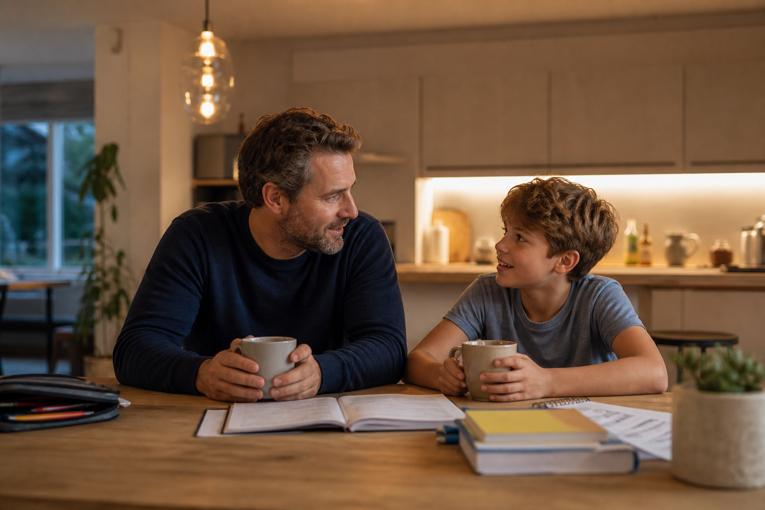 Communication between a parent and child during a calm kitchen table talk