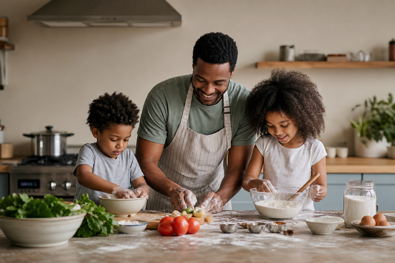 Parent and children cooking with kids in a family kitchen