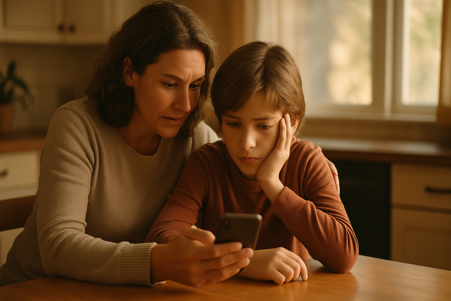 Parent helping a child talk about cyber bullying on a phone
