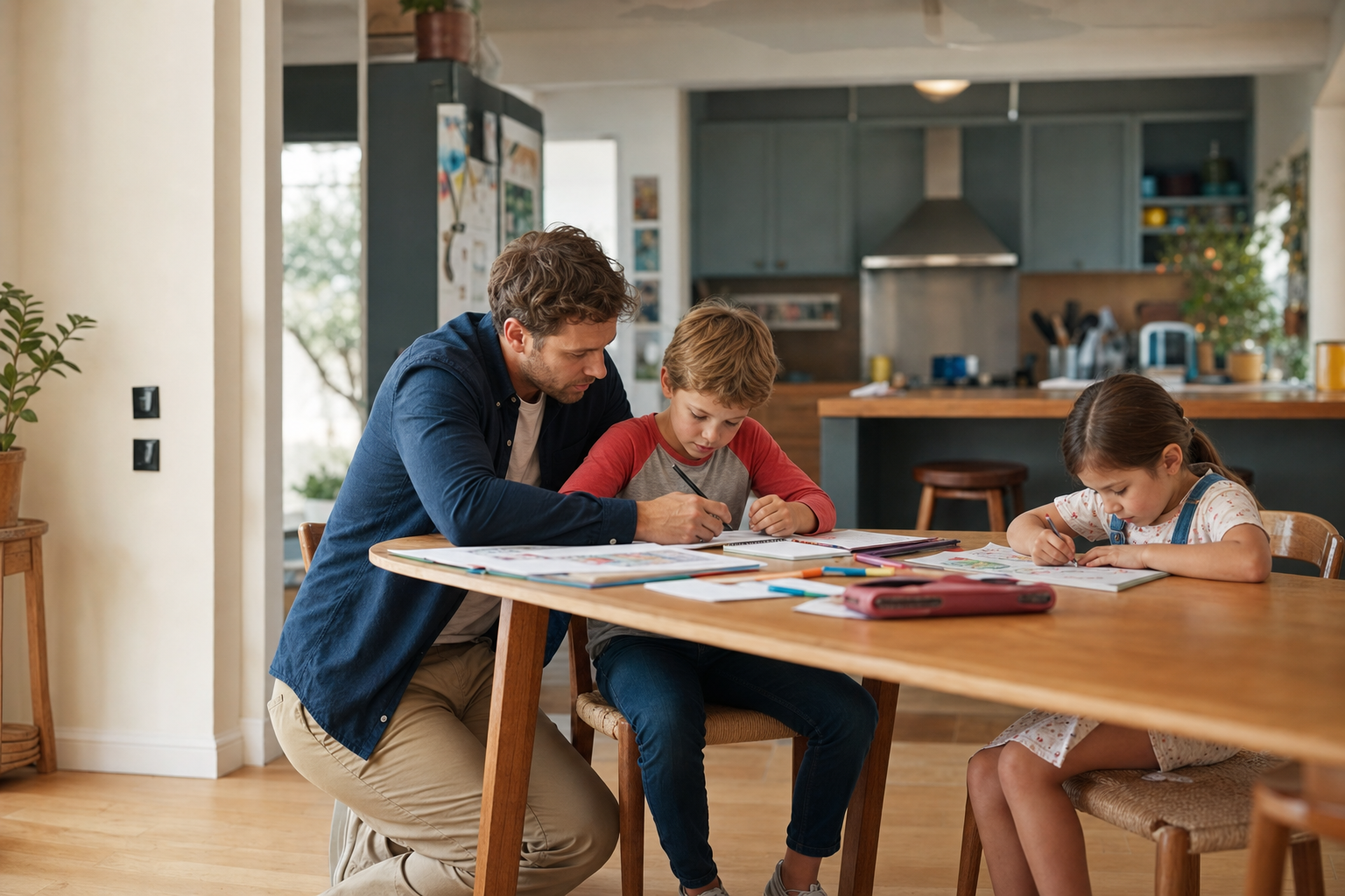 Dad helping his children with a school project at the kitchen table