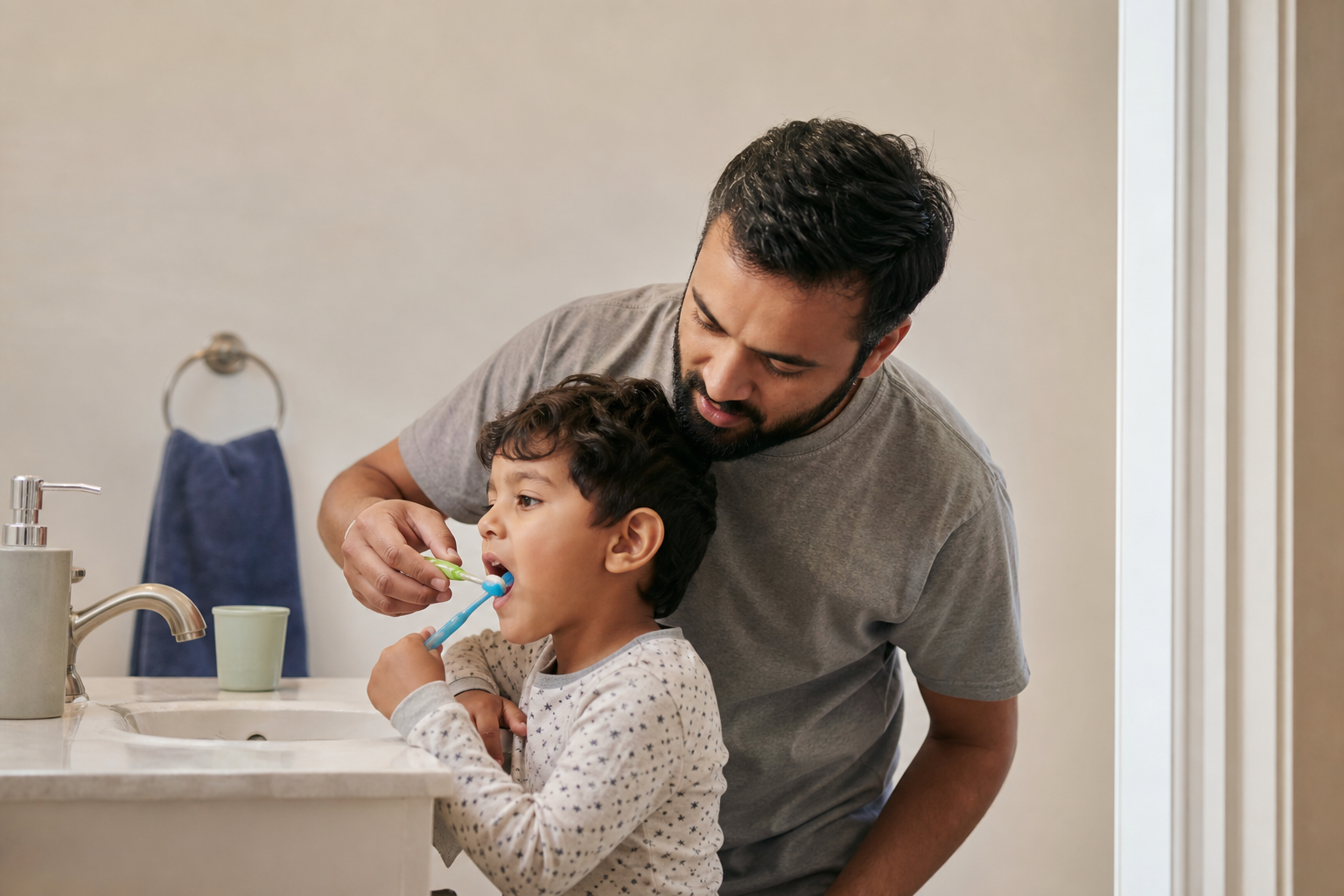 Parent helping a child with dental health and brushing at the sink