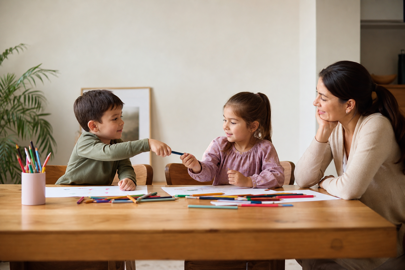 Children practicing empathy by sharing art supplies at home