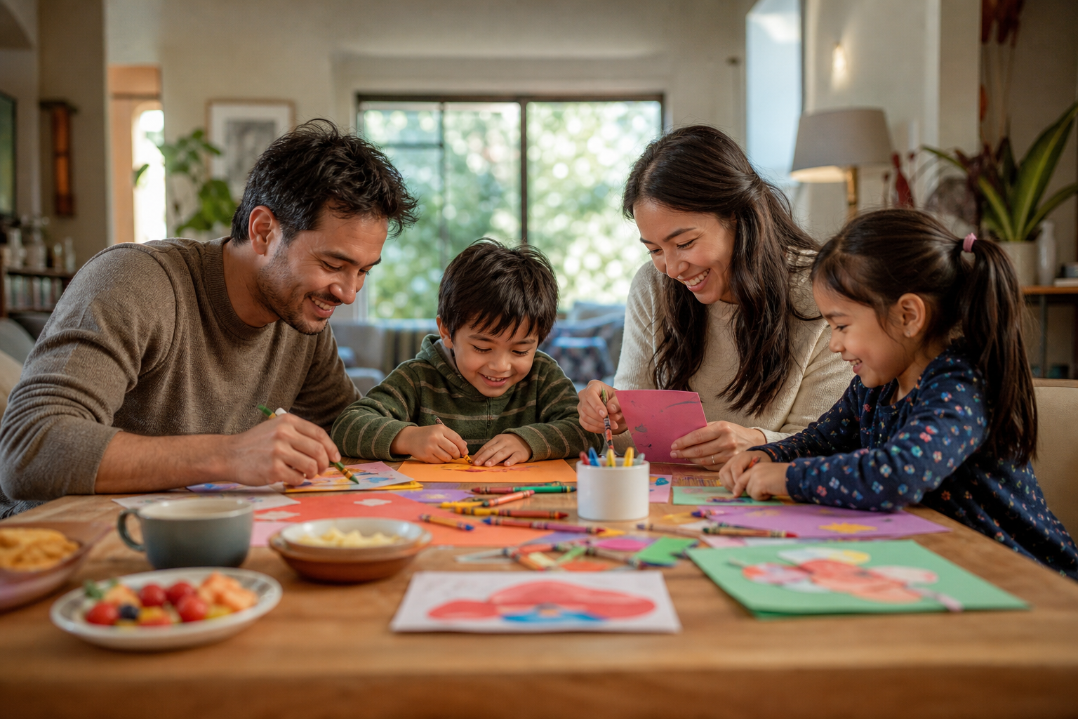 Family doing simple crafts together at the dining table