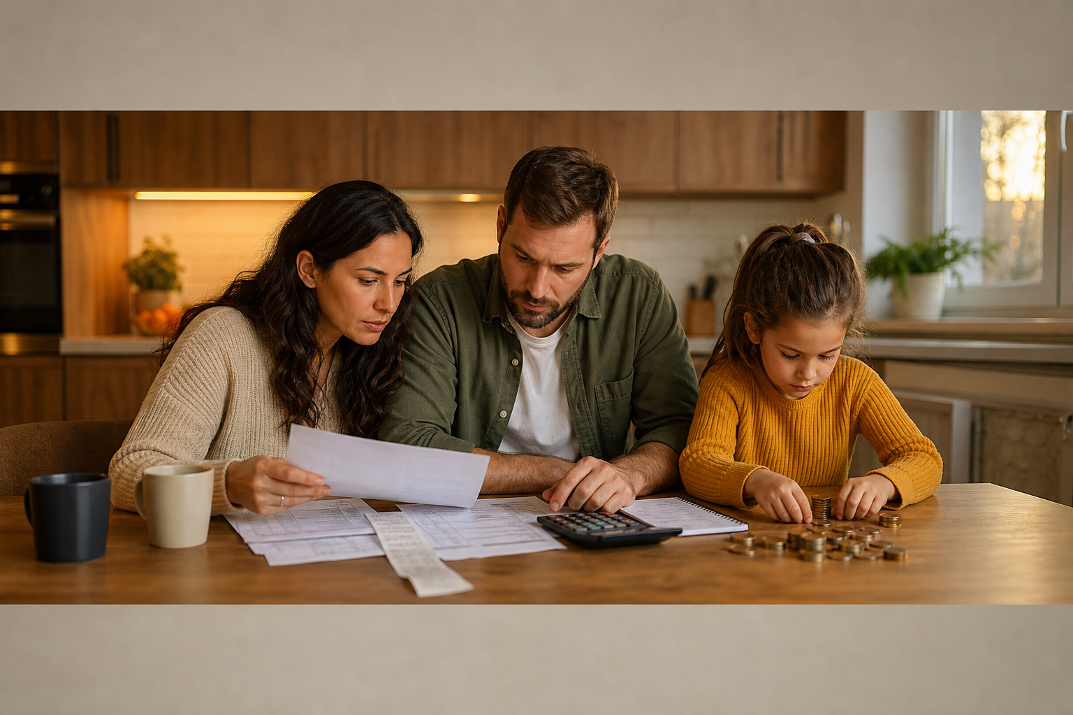 Family reviewing a household budget at the kitchen table