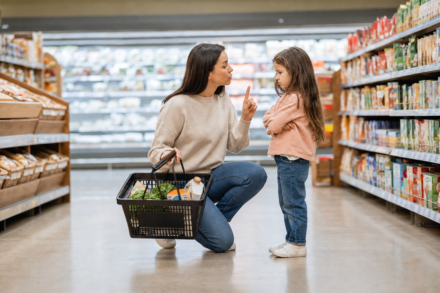 Gentle parenting with calm boundaries during a grocery store moment