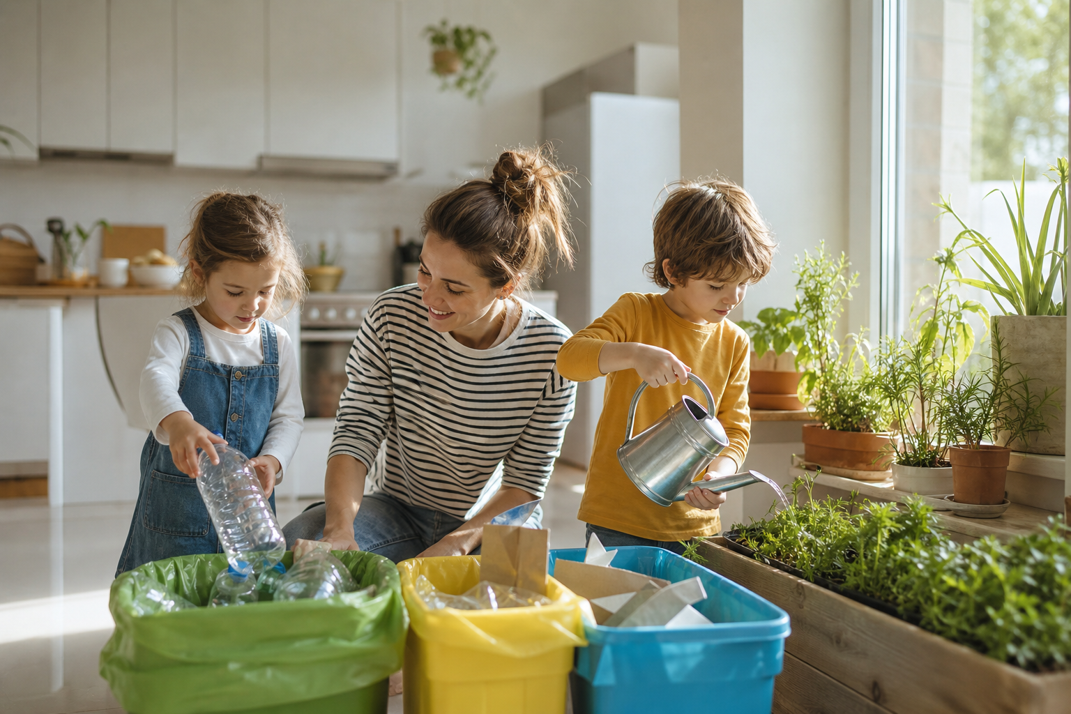 Family practicing green living by recycling and caring for herbs
