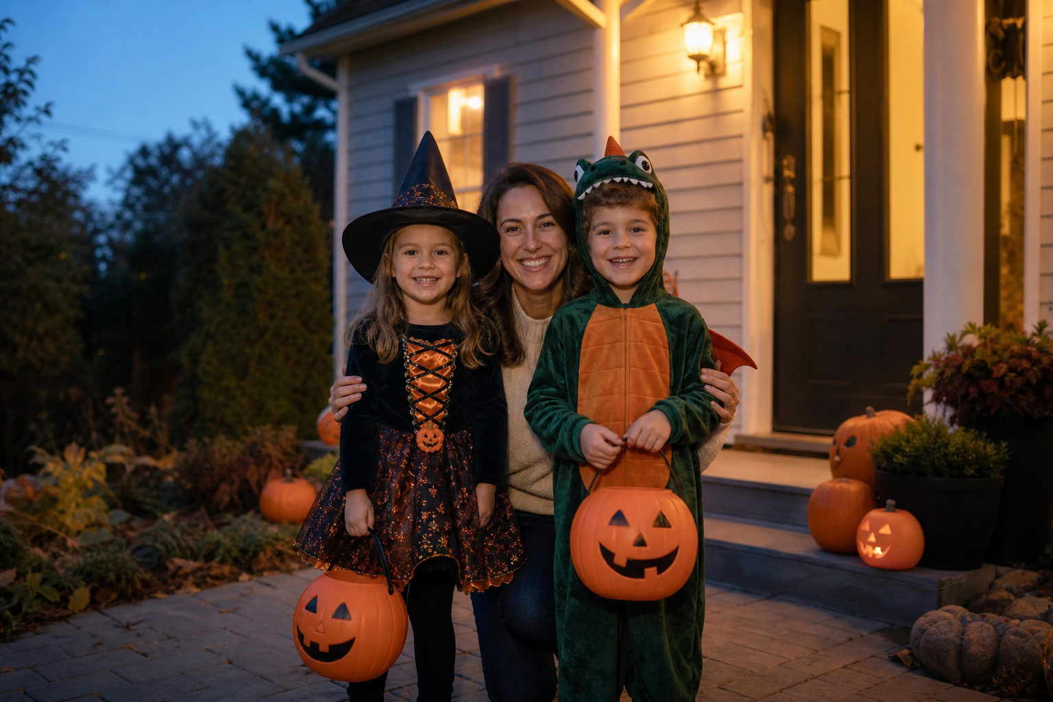 Halloween ideas with kids in friendly costumes on a warmly lit porch
